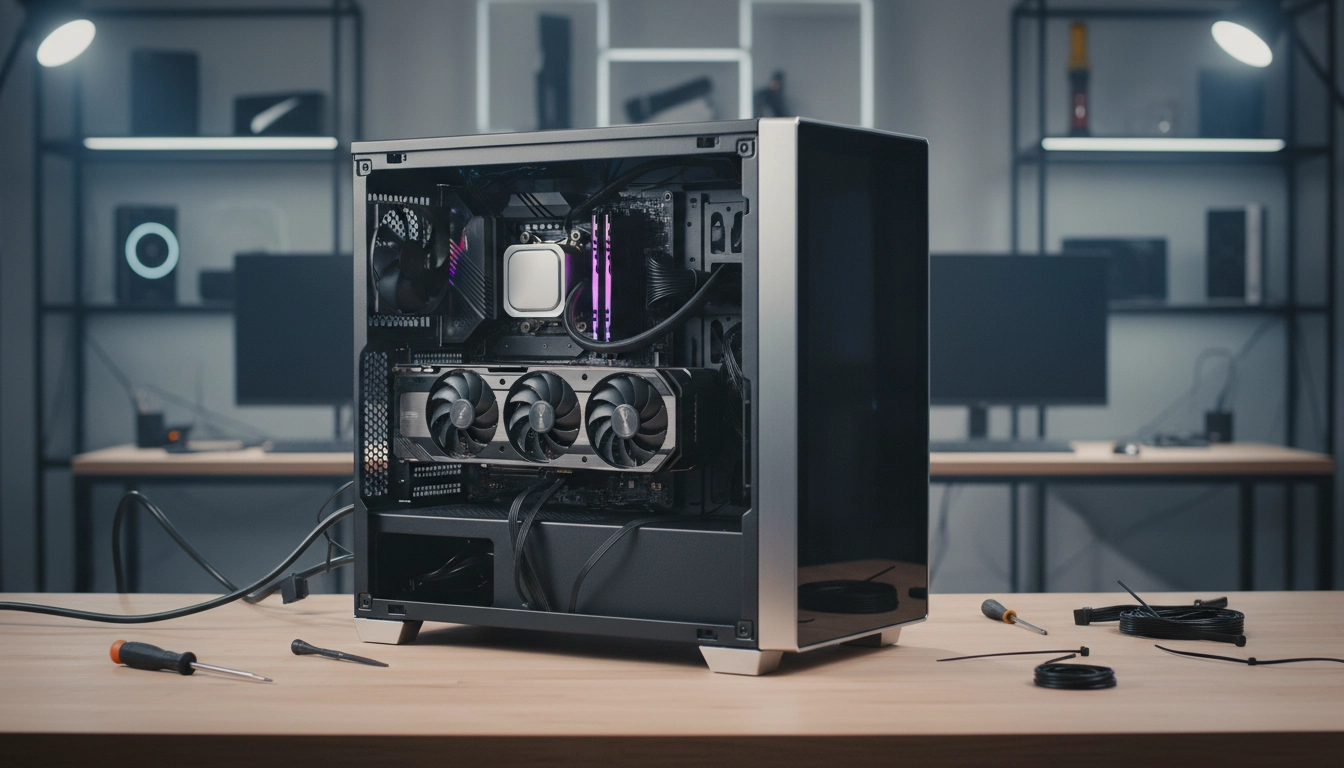 Projets et builds inspirants : préparation d’un montage PC custom sur établi avec composants visibles