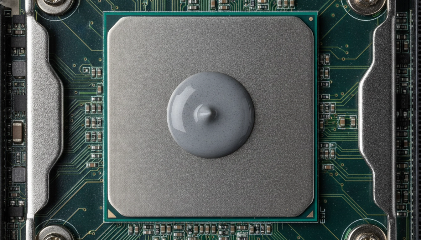 Macro d'une carte mère montrant la quantité pâte thermique cpu idéale au centre de la puce