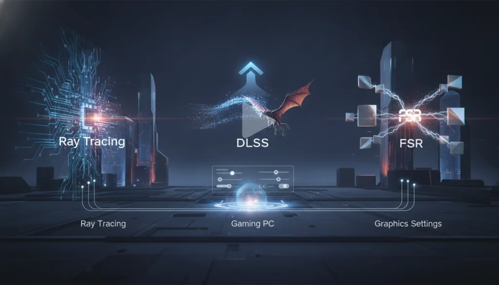 Joueur PC ajustant ses paramètres pour optimiser le ray tracing dlss fsr impact réglages graphiques sur un moniteur haute résolution.
