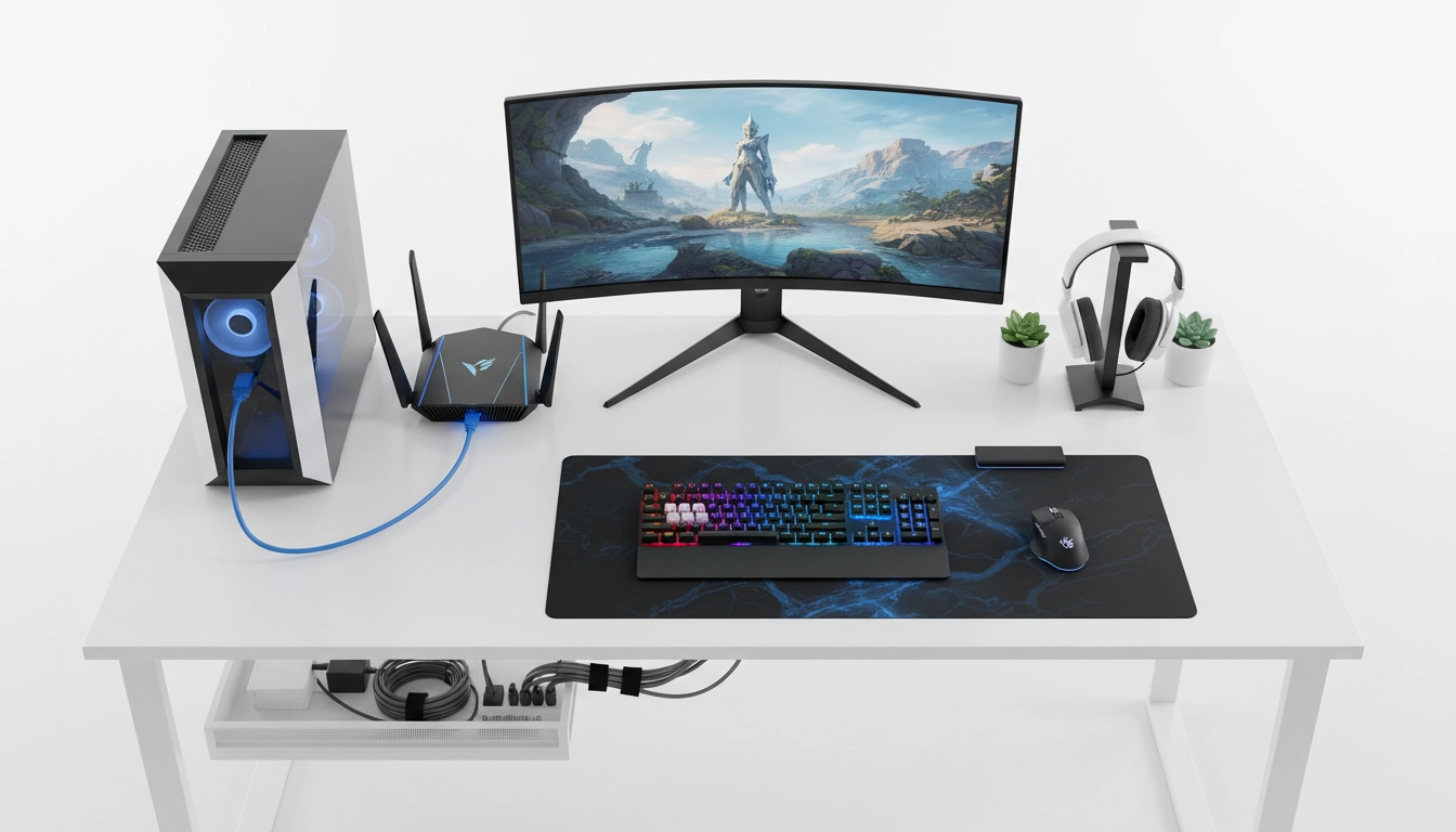 Bureau gaming avec câble Ethernet branché et routeur gaming allumé pour optimiser la connexion réseau et réduire la latence