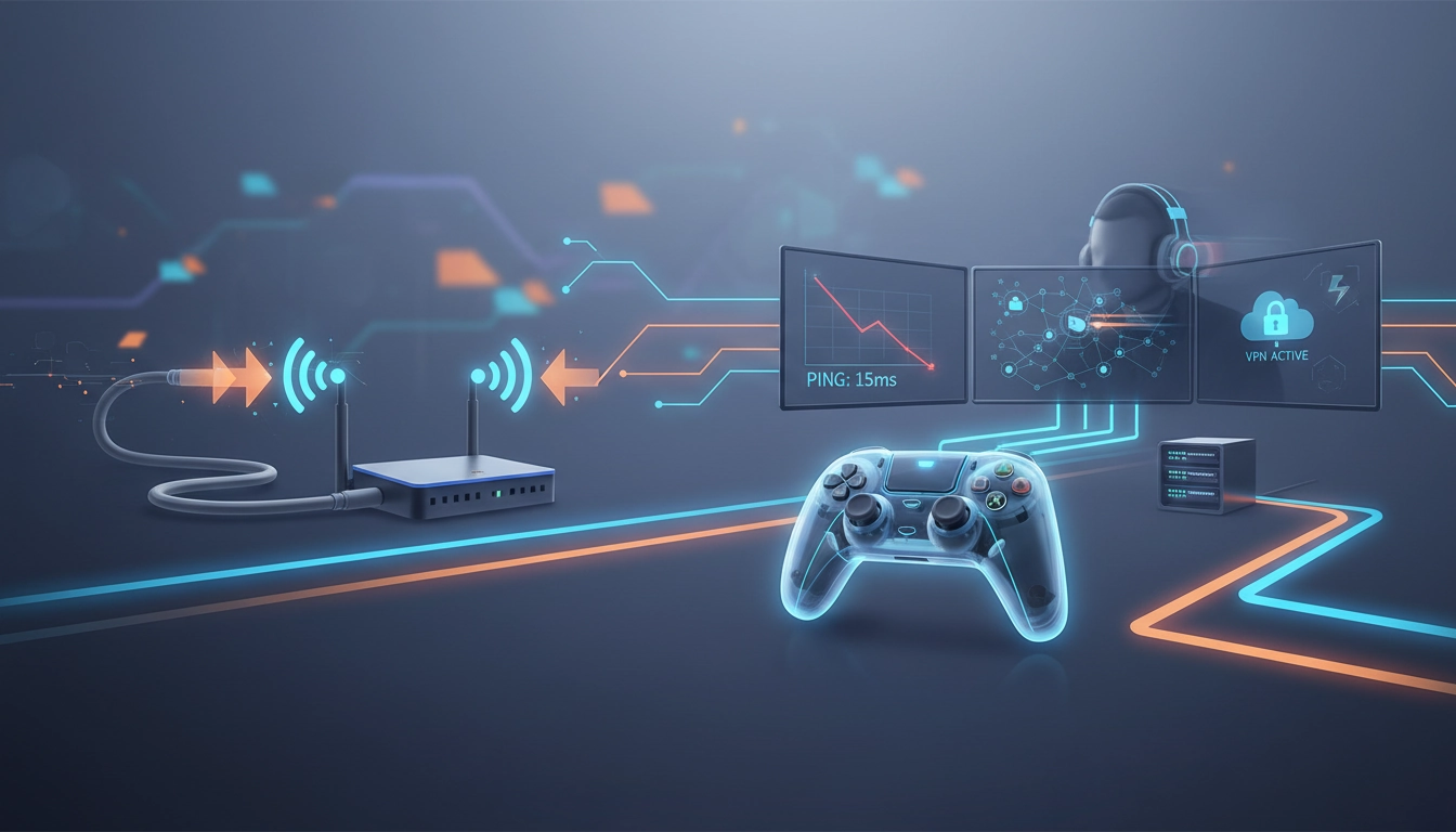 Joueur en pleine session gaming avec des indicateurs de ping faible affichés à l'écran, symbolisant une connexion réseau optimisée.