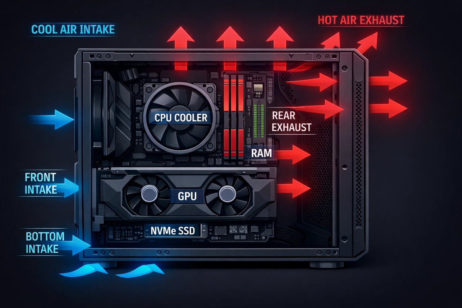 Schéma du flux d'air optimisé dans un boîtier compact pour le refroidissement air PC gaming