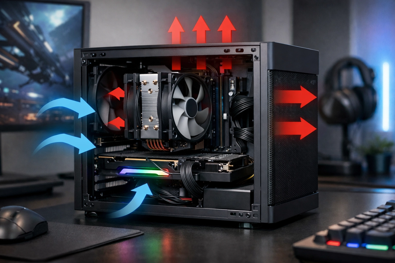 Configuration de refroidissement air PC gaming dans un boîtier compact mini-ITX avec ventirade low-profile