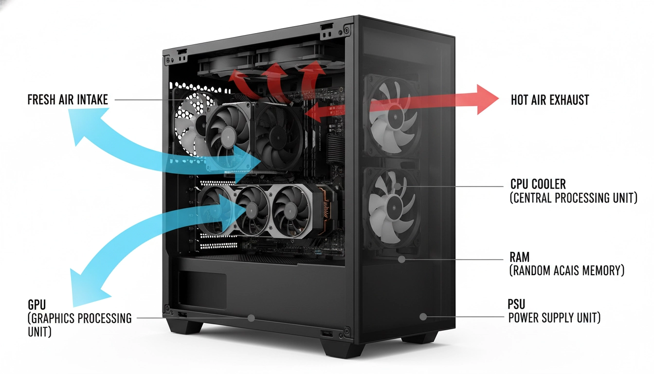 Schéma d'optimisation du flux d'air dans un boîtier PC gaming pour un refroidissement air PC efficace