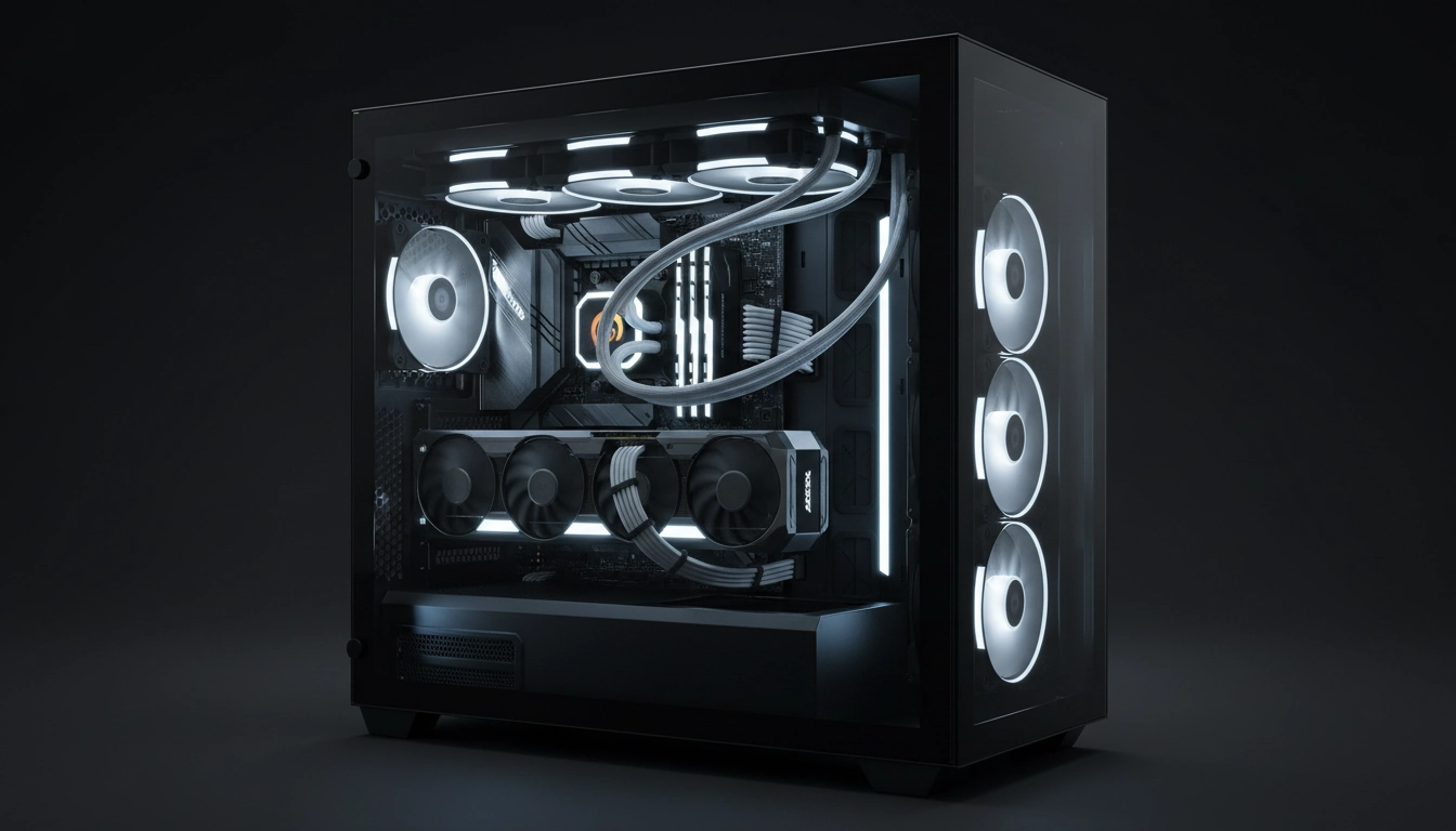 Configuration gaming haut de gamme avec refroidissement liquide AIO 360 mm installé sur processeur AMD avec éclairage RGB