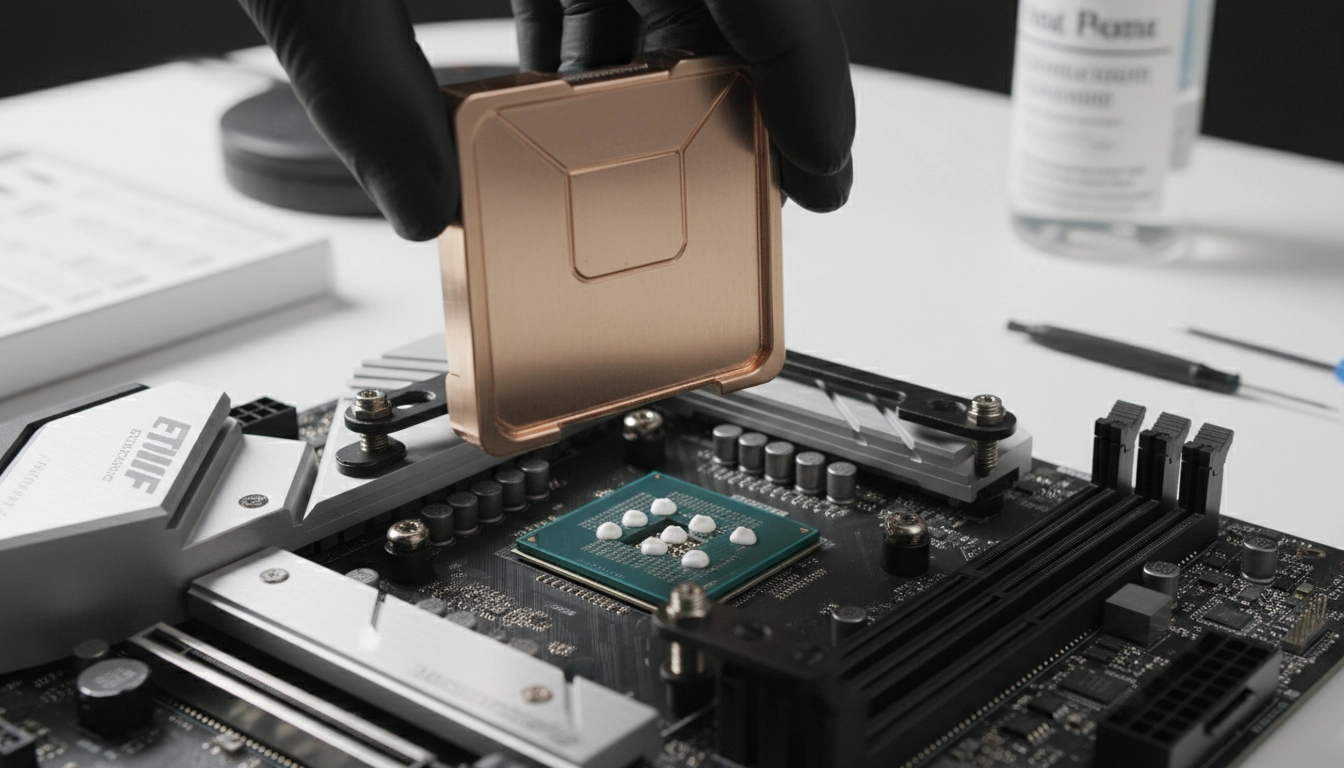 Application précise de pâte thermique sur un processeur Intel avant montage du bloc waterblock d'un AIO