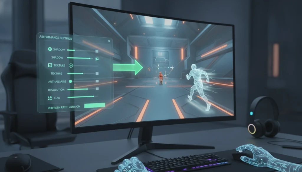 Joueur professionnel ajustant ses réglages graphiques sur un écran PC haute fréquence