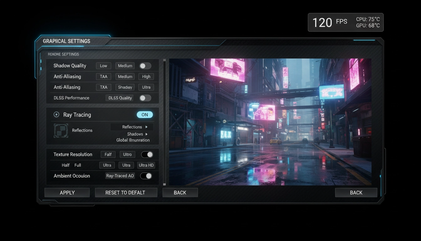 Menu des réglages graphiques jeux PC avec options anti-aliasing, ray tracing et qualité des textures