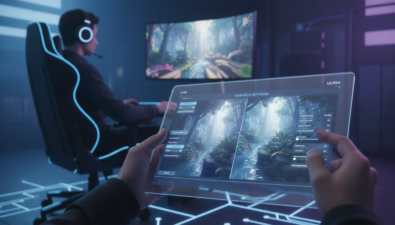 Interface de réglages graphiques jeux sur PC avec options de qualité visuelle et FPS