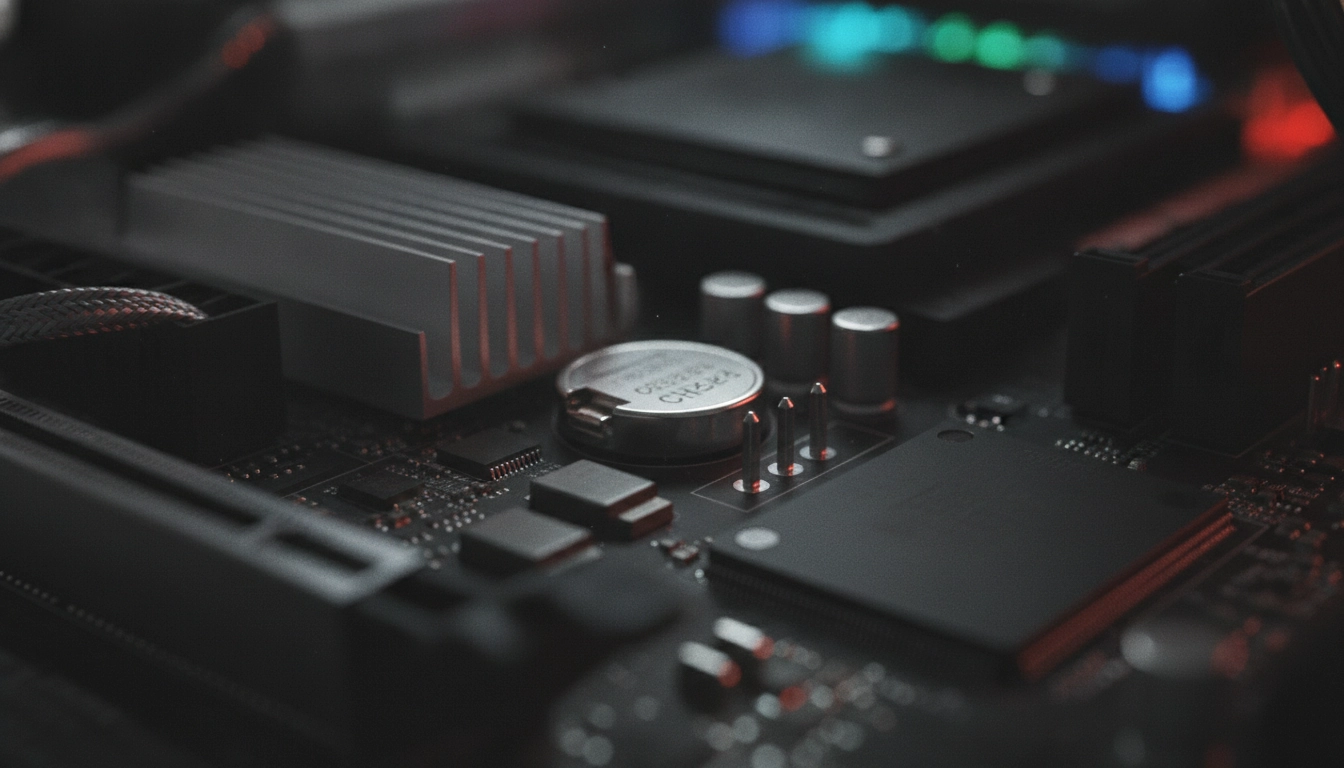 Manipulation d'une carte mère pour réinitialiser paramètres bios gaming sans écran.