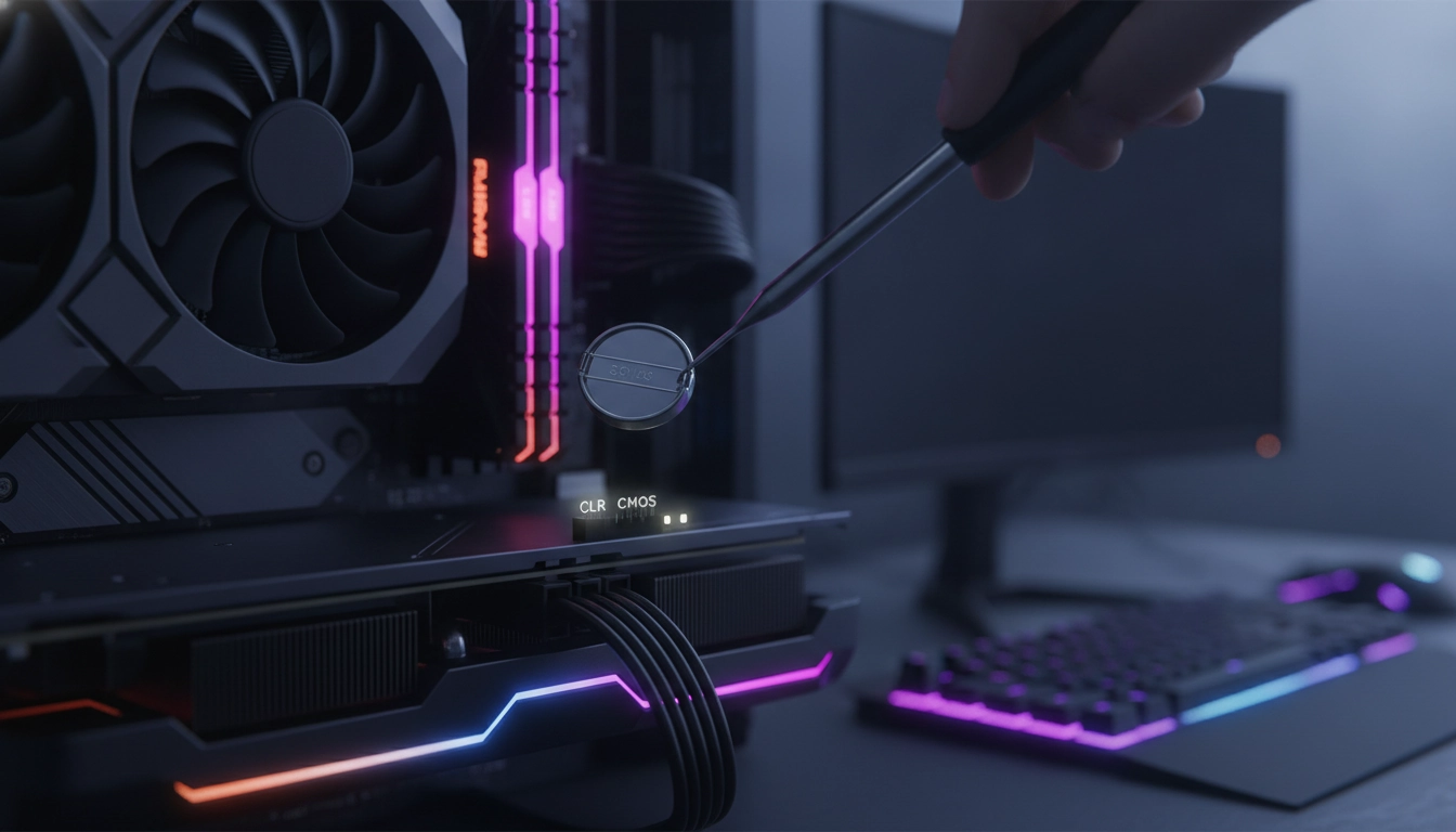 Tutoriel pour réinitialiser paramètres bios gaming sans écran sur un PC.
