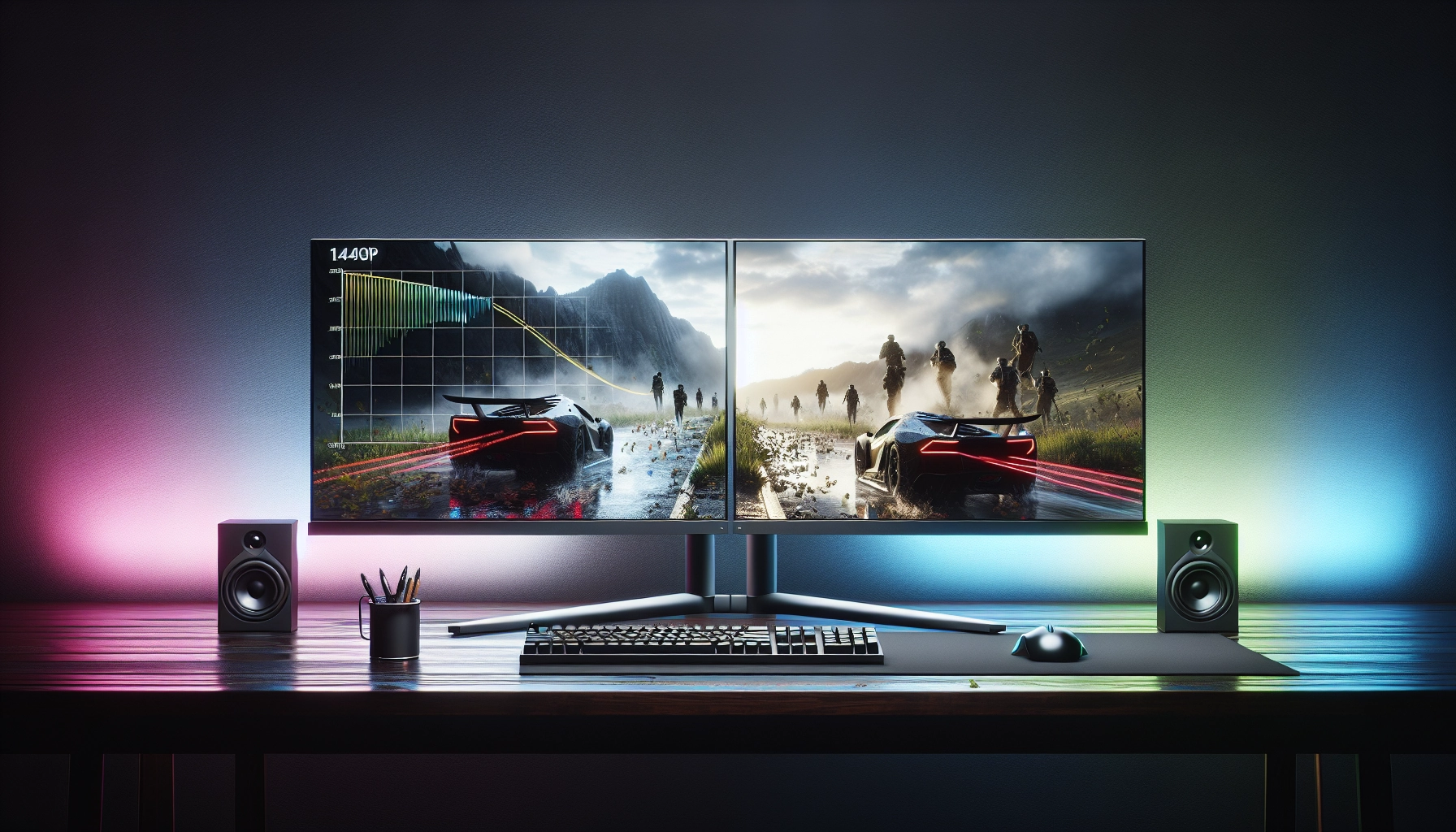 Comparaison côte à côte de la résolution écran gaming 1440p vs 4K sur deux moniteurs gaming