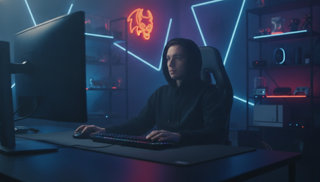 Gamer concentré pratiquant la respiration diaphragmatique posture gaming devant son écran.