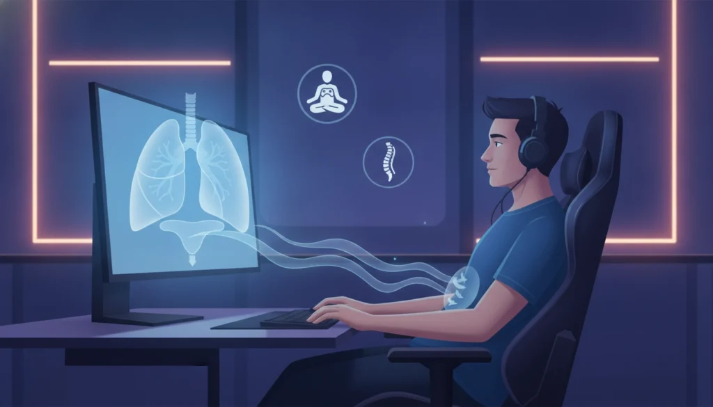 Joueur de jeu vidéo adoptant une bonne respiration pour améliorer son maintien devant l'ordinateur