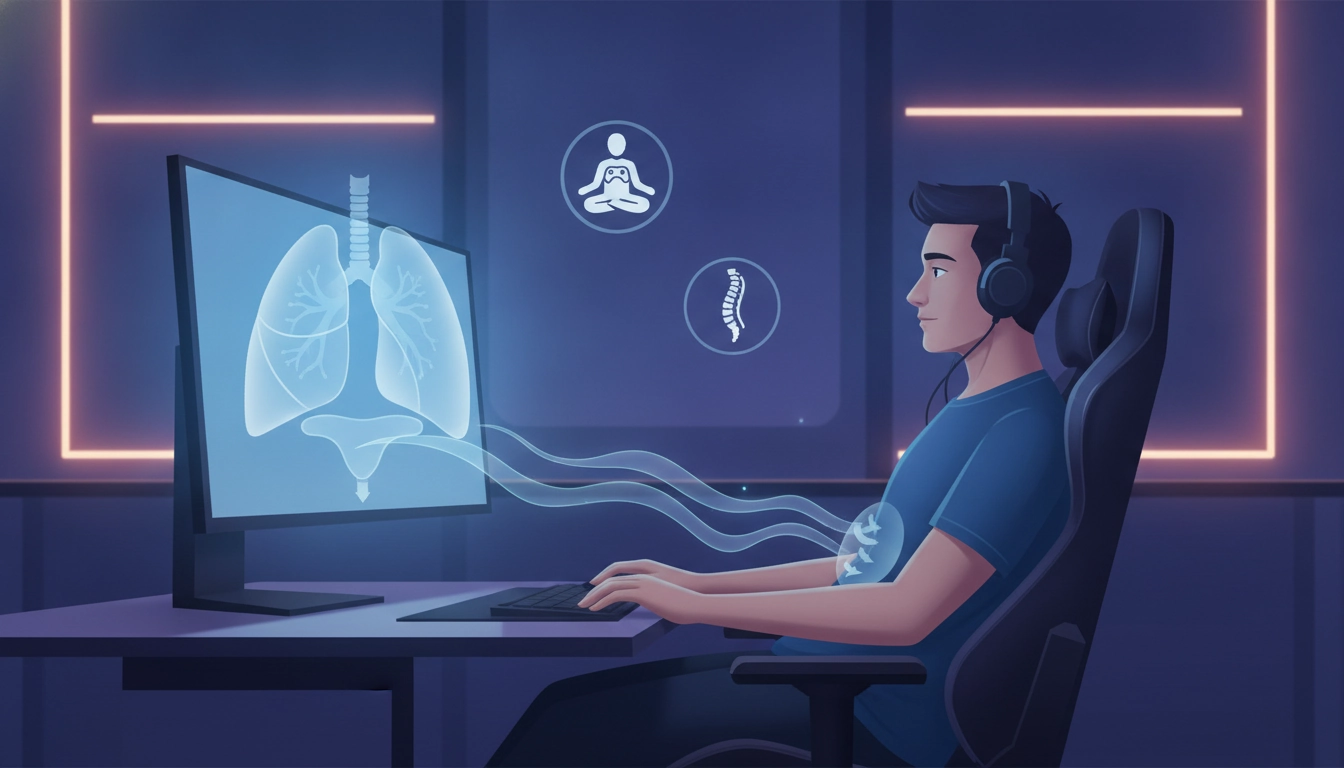 Joueur de jeu vidéo adoptant une bonne respiration pour améliorer son maintien devant l'ordinateur