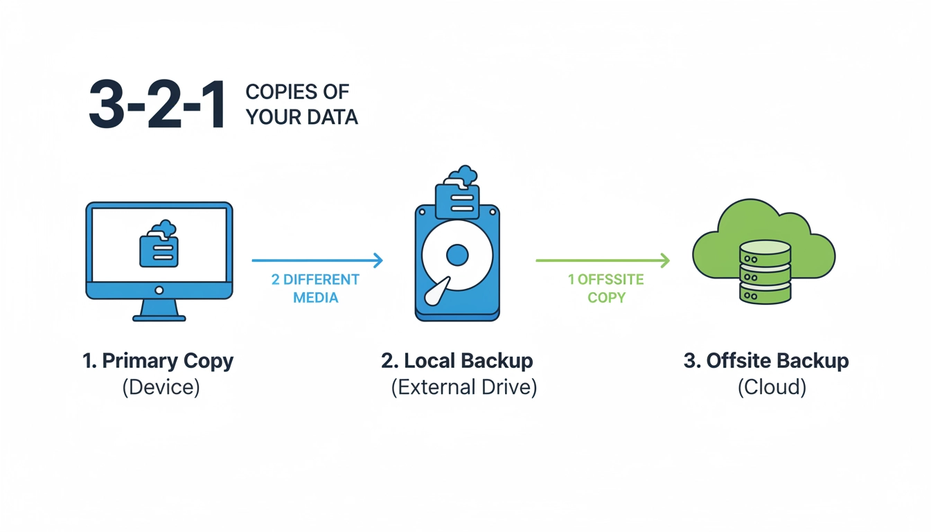 Schéma explicatif de la règle 3-2-1 pour une stratégie de sauvegarde données PC complète