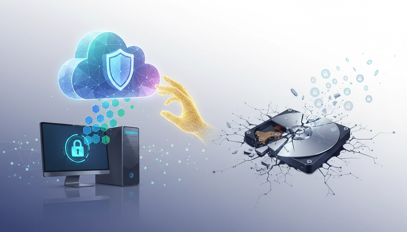 Illustration de la sauvegarde données PC avec un disque dur externe, un cloud et un NAS connectés à un PC gaming