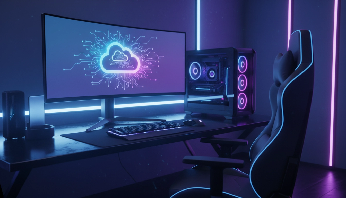 Installation gamer moderne illustrant le processus de sauvegarde jeux pc cloud en temps réel