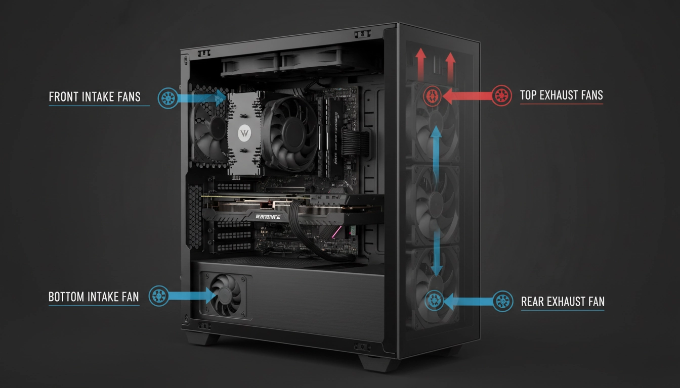 Schéma illustrant le sens de ventilation boîtier PC avec les flux d'air chaud et froid