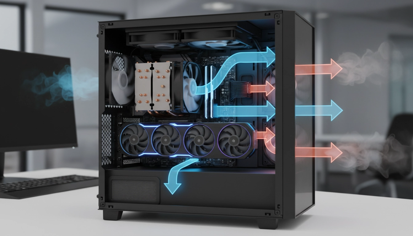 Schéma du sens de ventilation boîtier PC avec flux d'air entrant et sortant