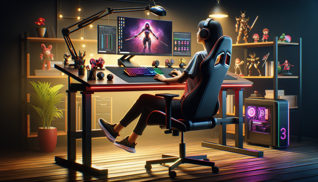 Bureau assis-debout gaming avec accessoires ergonomiques pour un setup. Un gamer alterne entre assis et debout pour un confort optimal.