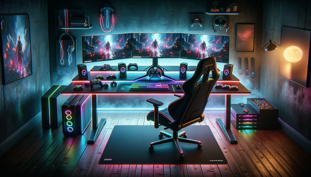 Image d'un bureau gamer ergonomique avec chaise confortable et accessoires de jeu