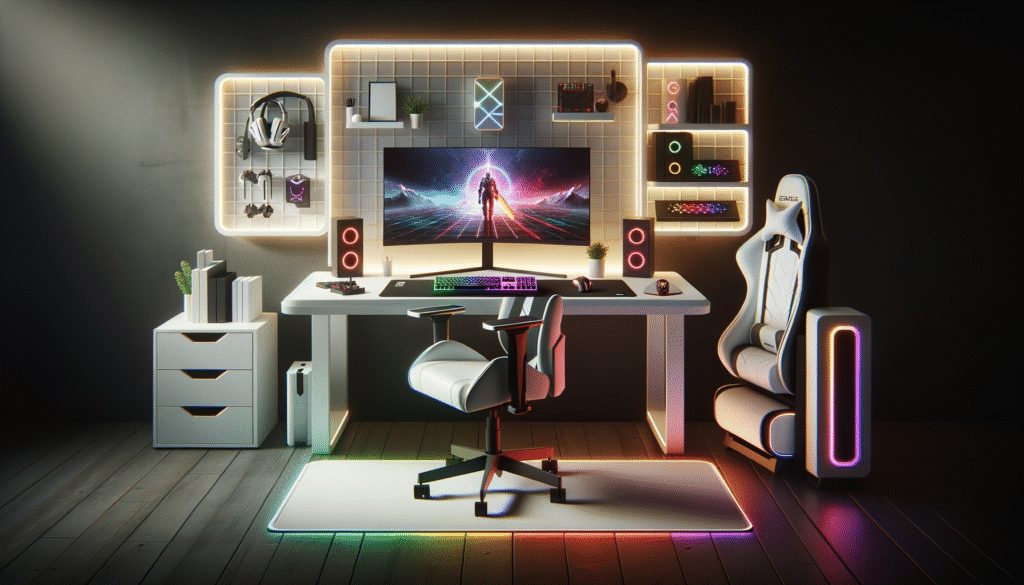 Un gaming setup blanc épuré avec bureau ergonomique et accessoires modernes.