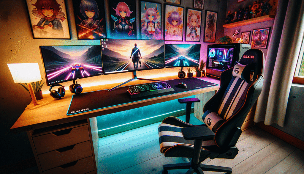 Découvrez un setup gaming pas cher avec un bureau, un tapis XXL, un PC compact et une ambiance accueillante.
