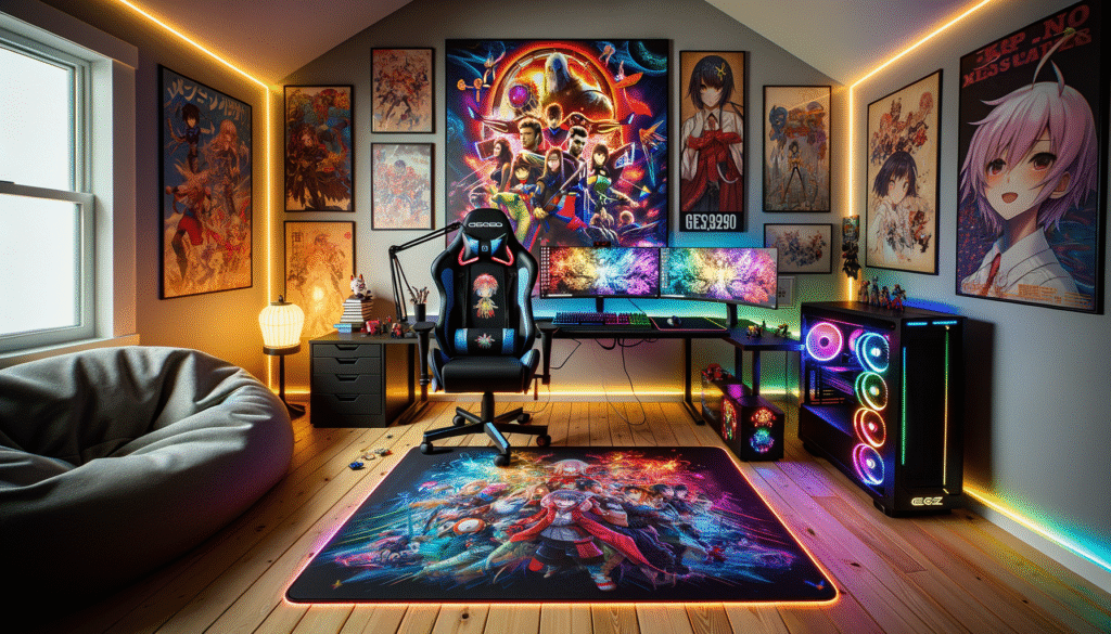 Décoration setup gaming avec tapis XXL, chaise ergonomique et lumières LED.