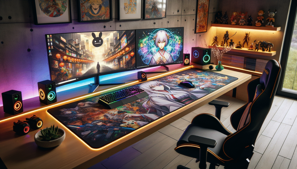 Un bureau de jeu moderne et esthétique avec un tapis XXL et des accessoires RGB.