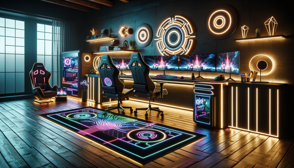 Un setup gaming futuriste avec mobilier moderne, éclairage LED, plusieurs écrans, et un tapis de souris XXL au thème anime.