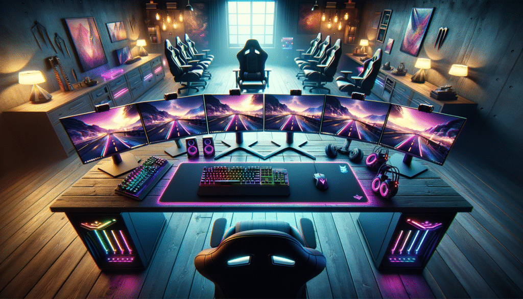 Moniteurs pour setup gaming avec accessoires comme clavier et souris.