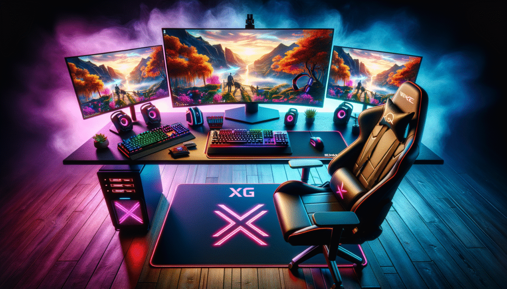 Image d'un setup gaming optimisé avec tapis de souris XXL et éclairage RGB.