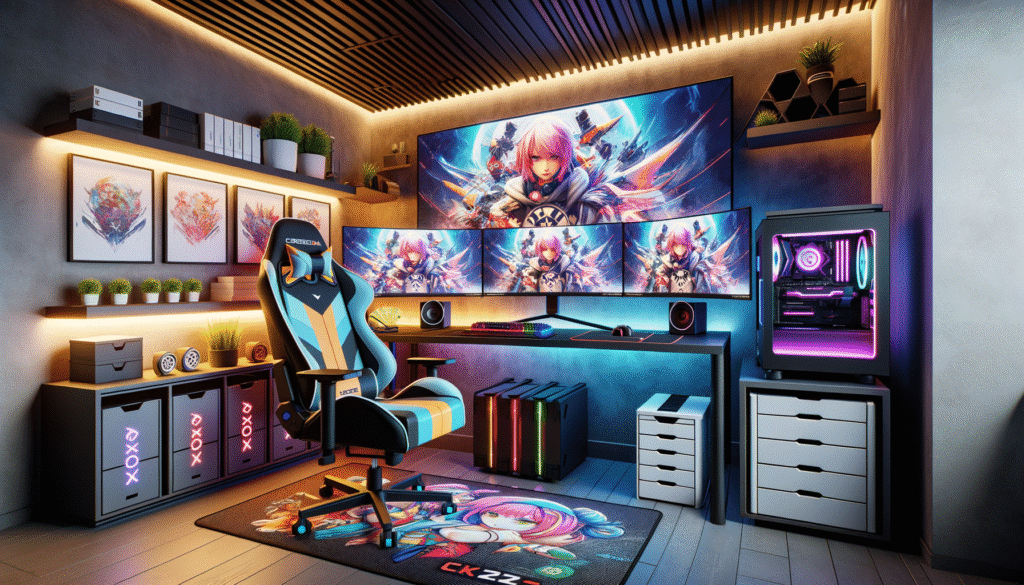 Setup gaming compact pour petits espaces avec bureau ergonomique et tapis de souris XXL.