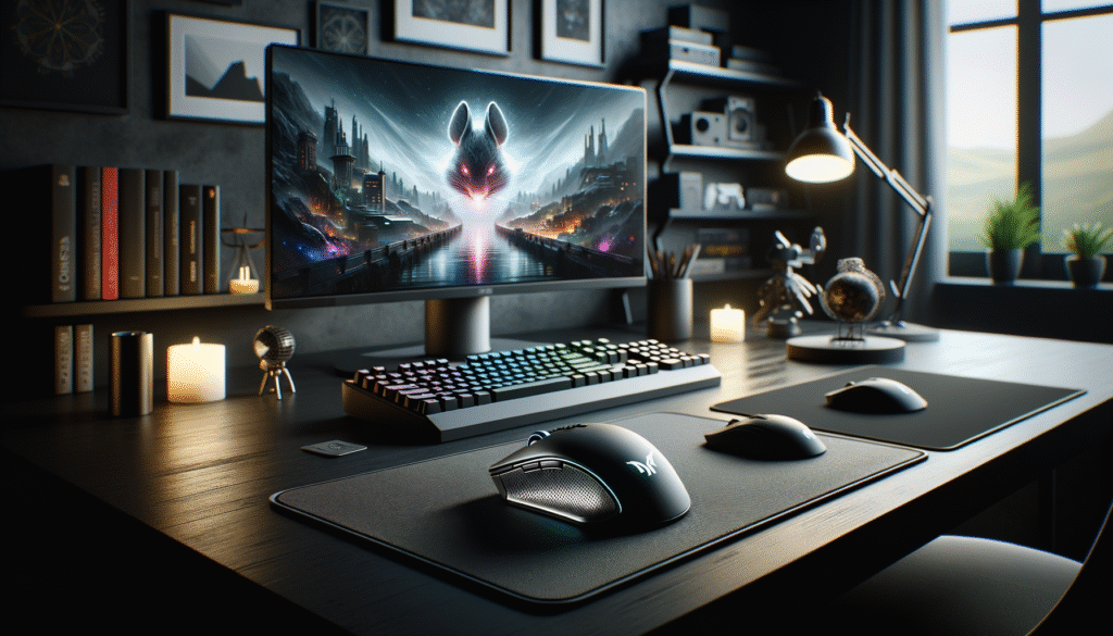 Installation moderne avec souris gaming sans fil sur un bureau minimaliste