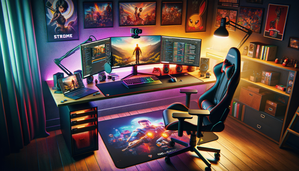 Image d'un setup gaming pour streamer avec écrans, webcam et accessoires de jeu.