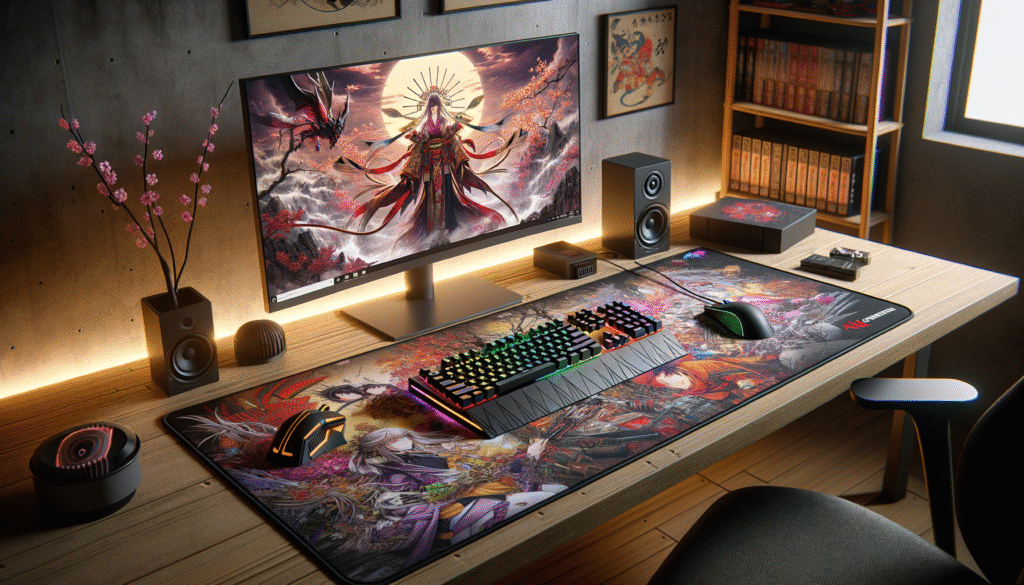 Illustration d'un setup gaming avec un tapis de souris manga XXL vibrant et stylé.