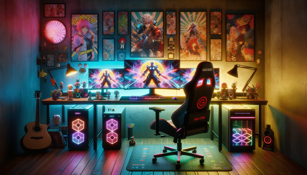 Inspiration pour un gaming setup TikTok avec éclairage RGB et accessoires manga.