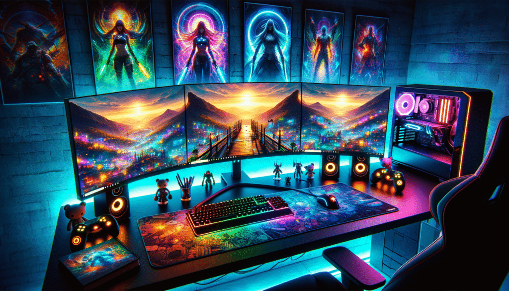 Configuration gaming triple écran avec souris XXL et périphériques RGB.