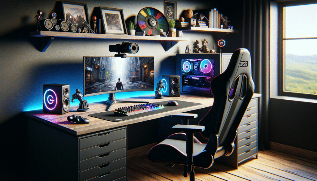 Découvrez les meilleures webcams pour streaming avec ce setup gaming moderne et professionnel, incluant des accessoires gaming et un éclairage RGB.