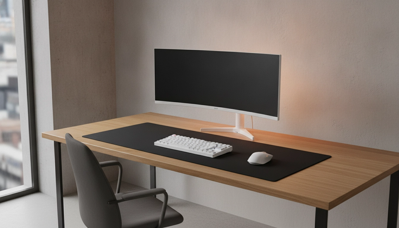 Un setup gaming minimaliste avec grand tapis de souris XXL noir et clavier sans fil.