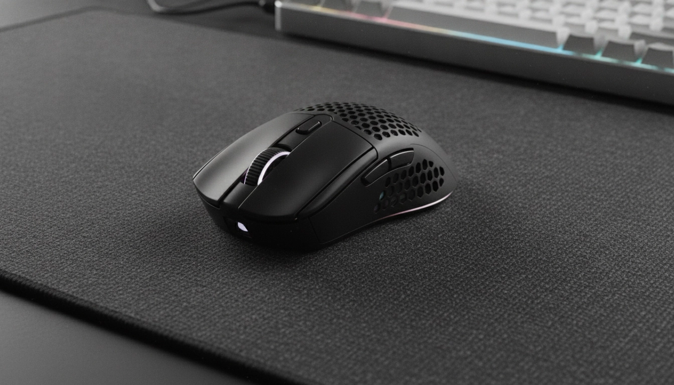 Détail d'une souris de jeu ultra légère posée sur un revêtement de bureau sombre sans aucun fil visible.