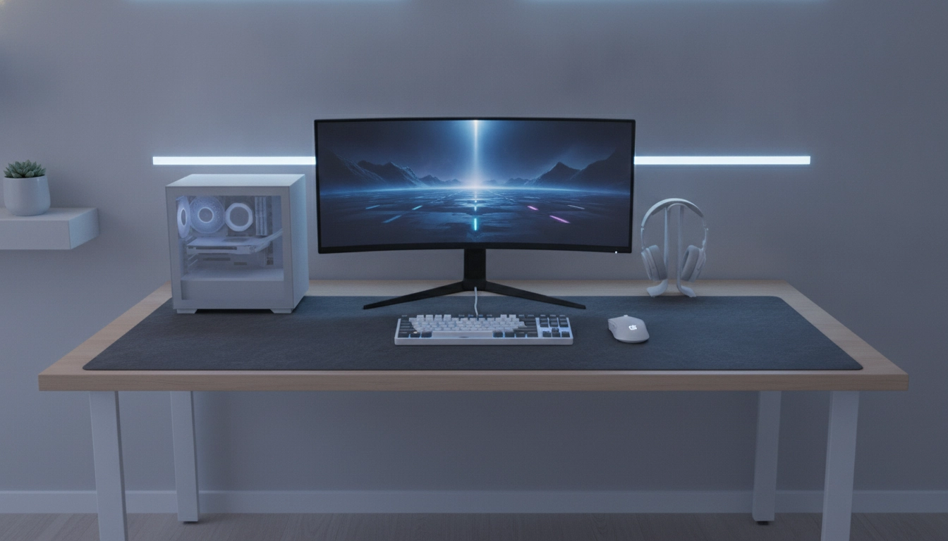 Un magnifique setup gaming minimaliste avec grand tapis de souris XXL sur un bureau en bois massif.