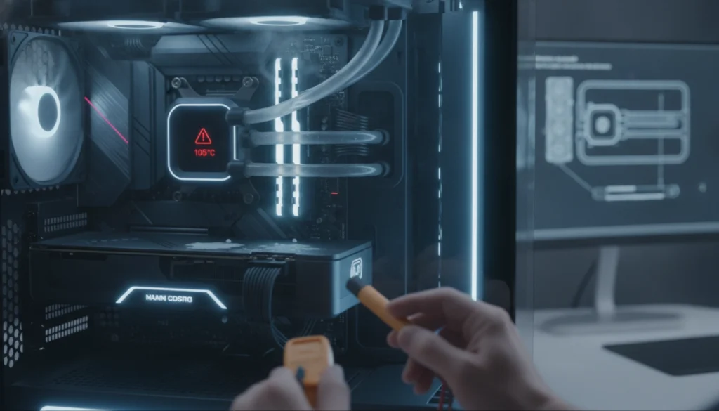 Processeur en surchauffe illustrant les signes défaillance panne refroidissement liquide aio reconnaître.