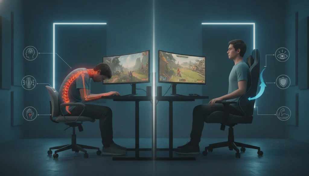 Un joueur professionnel vérifiant les signes mauvaise posture gaming sur son setup ergonomique