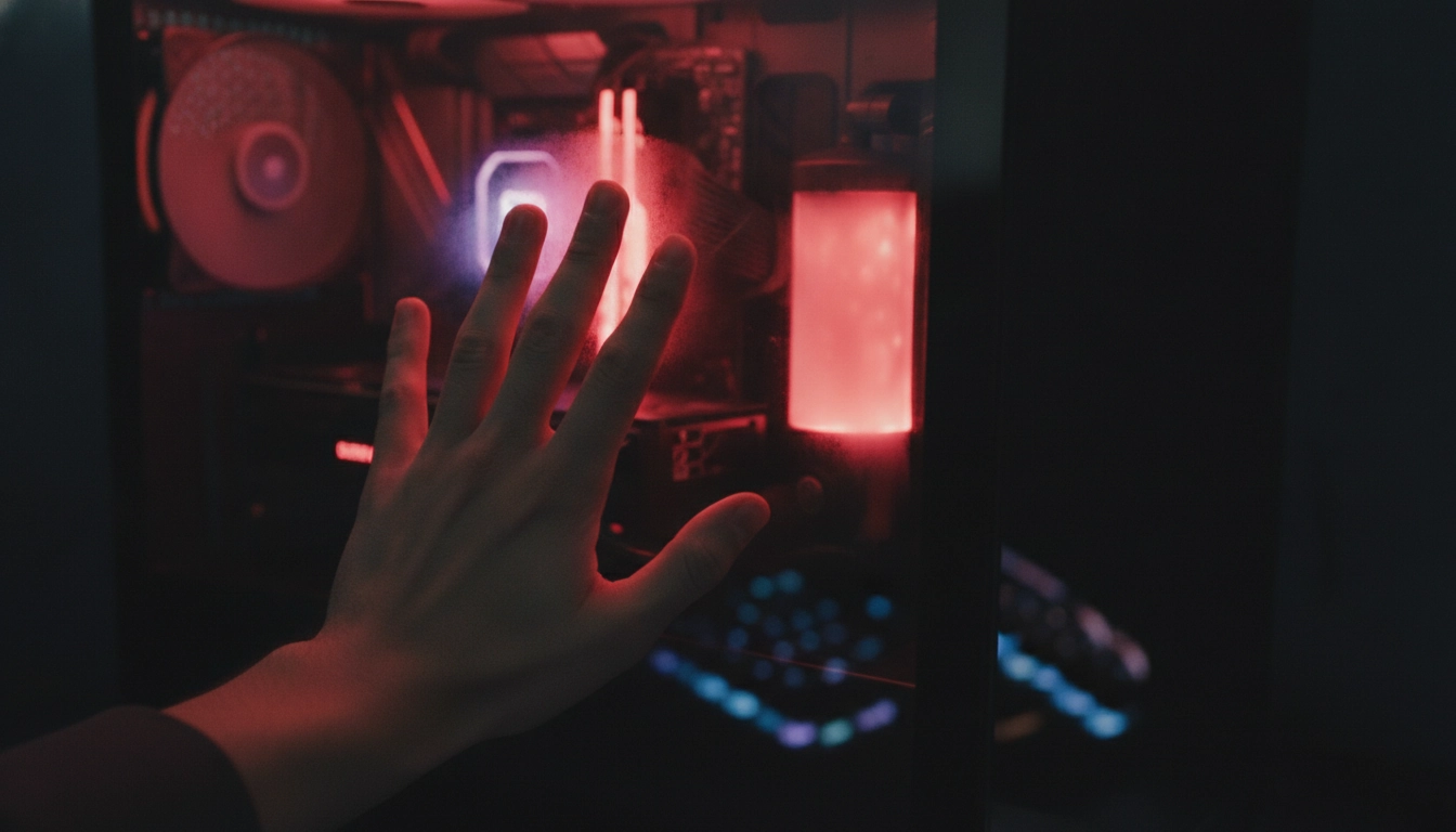 Une main touchant un boîtier brûlant, l'un des signes de surchauffe pc sans logiciel les plus fréquents.