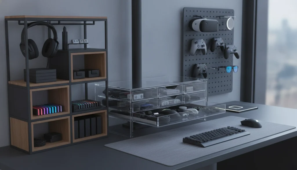 Setup gaming propre avec des solutions rangement accessoires bureau gaming organisées