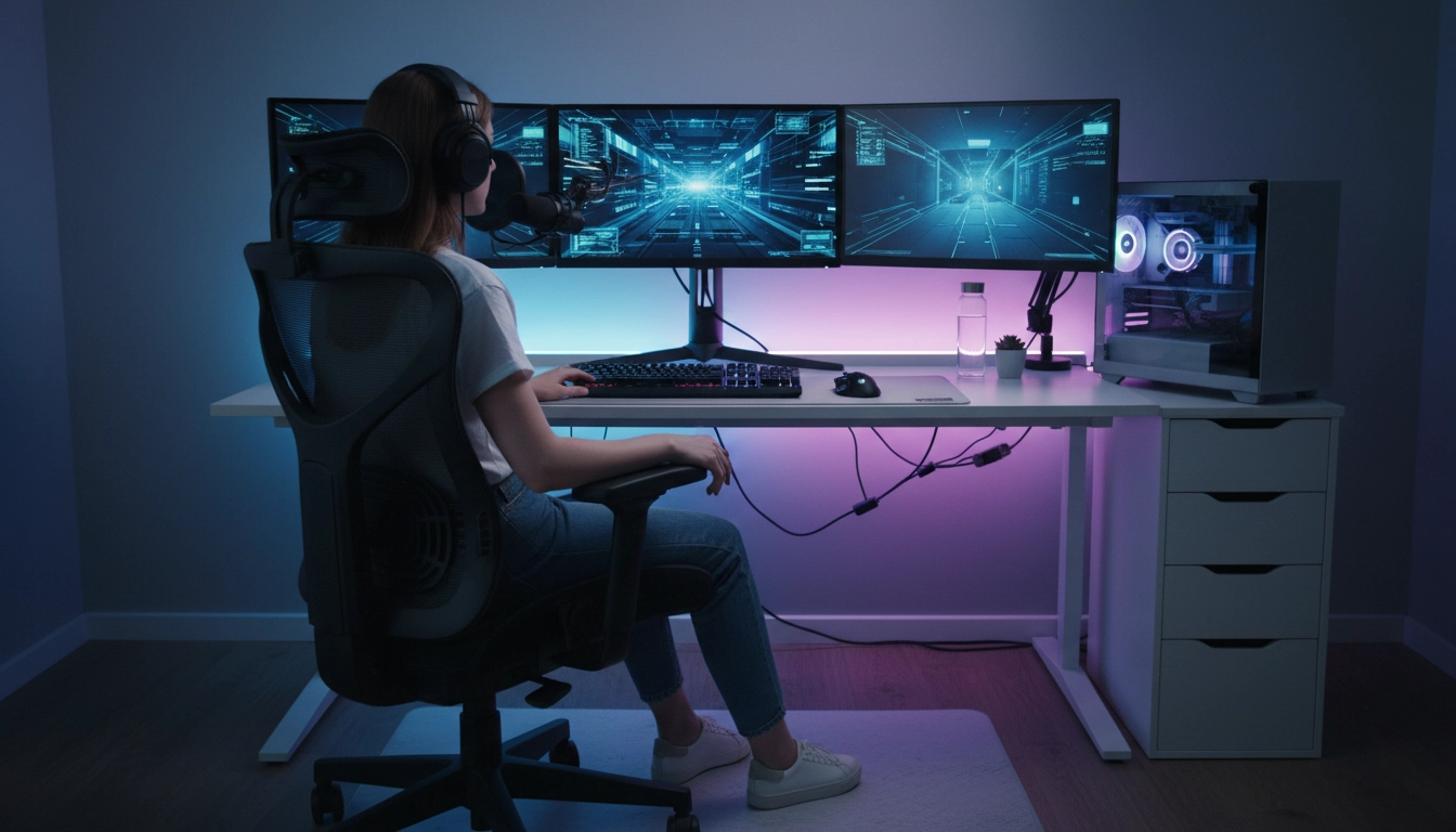 Setup gaming ergonomique pour soulager le mal de dos en gaming intense avec siège et écran bien réglés