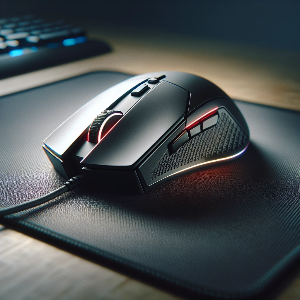 Gros plan sur une souris gaming precision avec patins PTFE sur tapis tissu