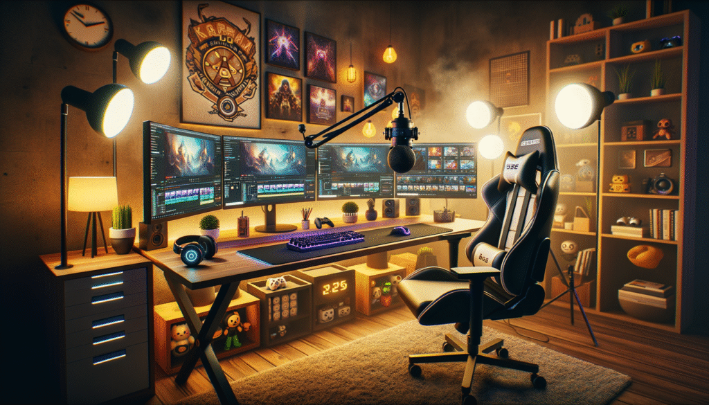 Un setup de streaming moderne avec OBS, bureau, écrans, micro, lumière LED et tapis de souris XXL animé.